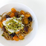 pasta baby plum tomato kalamata olives burrata pistachios